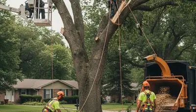 Aurora, IL arborist removing storm-damaged tree for emergency tree service