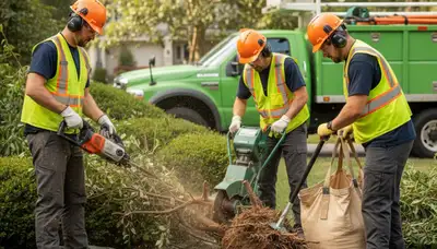 Aurora, IL shrub removal crew clearing overgrown shrubs for a tree service estimate