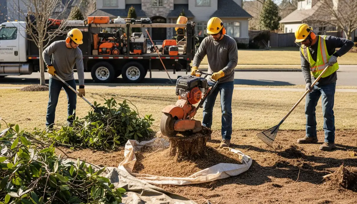 Aurora, IL tree crew removing overgrown shrubs for safe, efficient yard cleanup