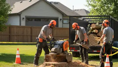 Stump removal crew clearing a tree stump in Aurora, IL for a clean yard finish