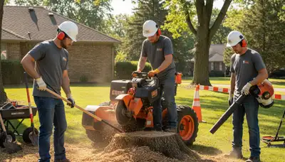Stump removal service in Aurora, IL clearing a tree stump from a residential yard