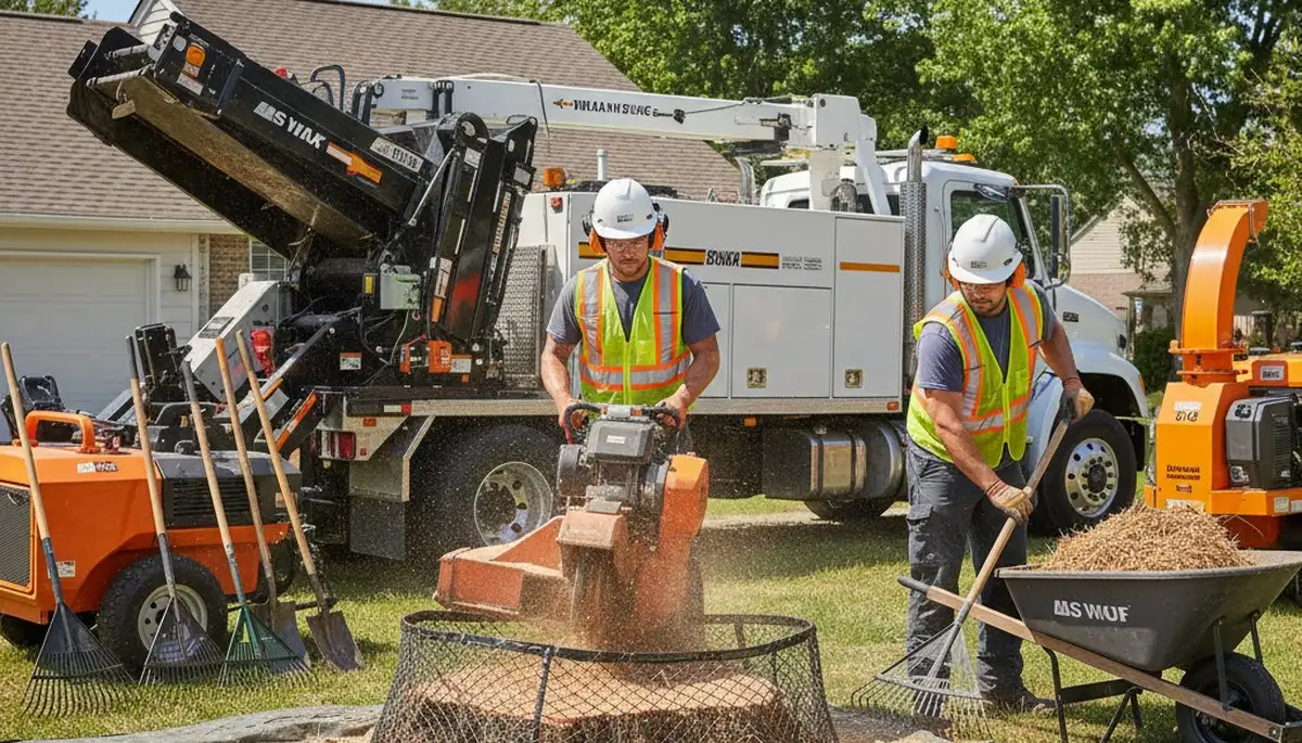 Tree service crew removing a stump in Aurora, IL for safe, thorough stump removal service