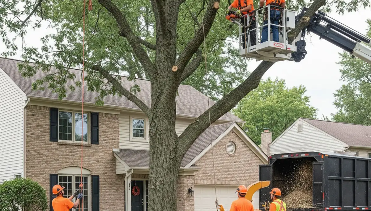 Tree service crew in Aurora, IL trimming trees for safe, professional property care