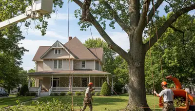 Tree service crew trimming trees in Aurora, IL for safe, professional property care