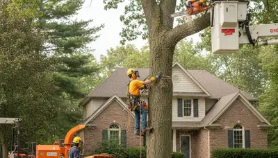 Tree service crew in Aurora, IL removing a tree for safe residential property care